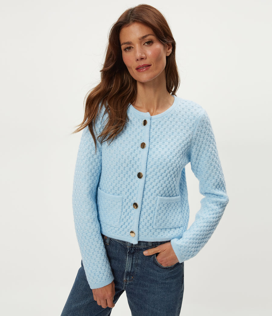 Cera Honeycomb Stitch Cardigan in Ice Blue Blue Close up View #ICE BLUE