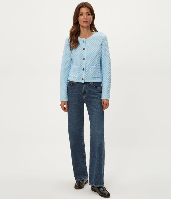 Cera Honeycomb Stitch Cardigan in Ice Blue Blue Full Body View #ICE BLUE