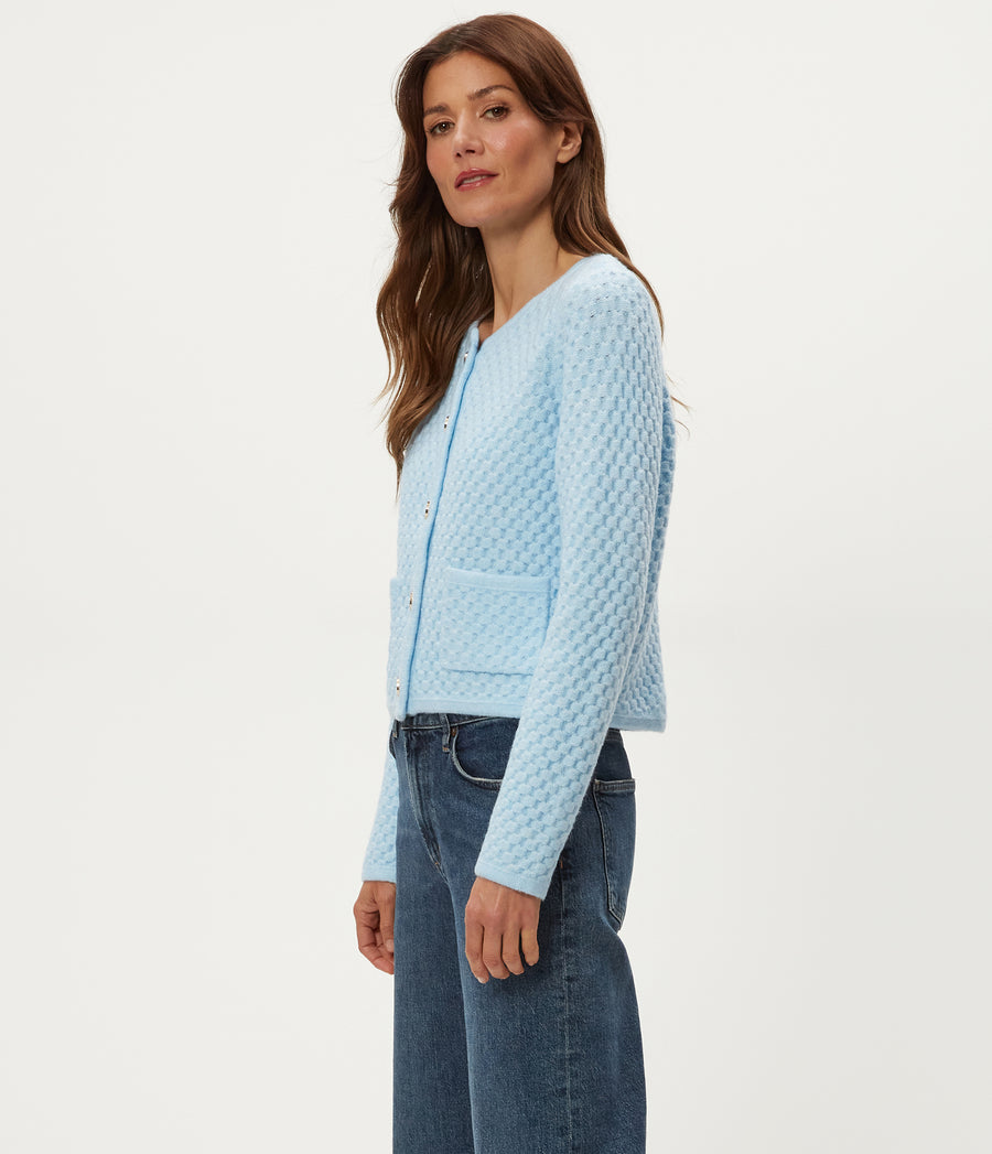 Cera Honeycomb Stitch Cardigan in Ice Blue Blue Side View #ICE BLUE