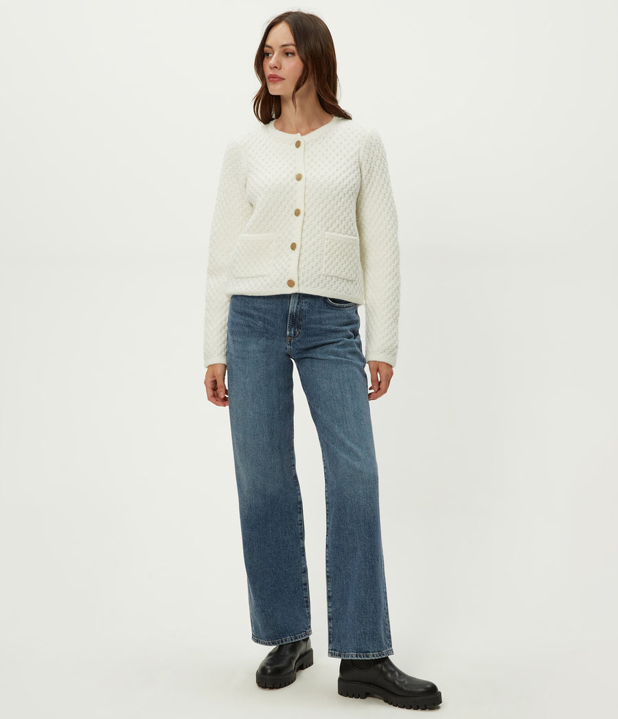 Cera Honeycomb Stitch Cardigan in Ivory White Full Body View #IVORY