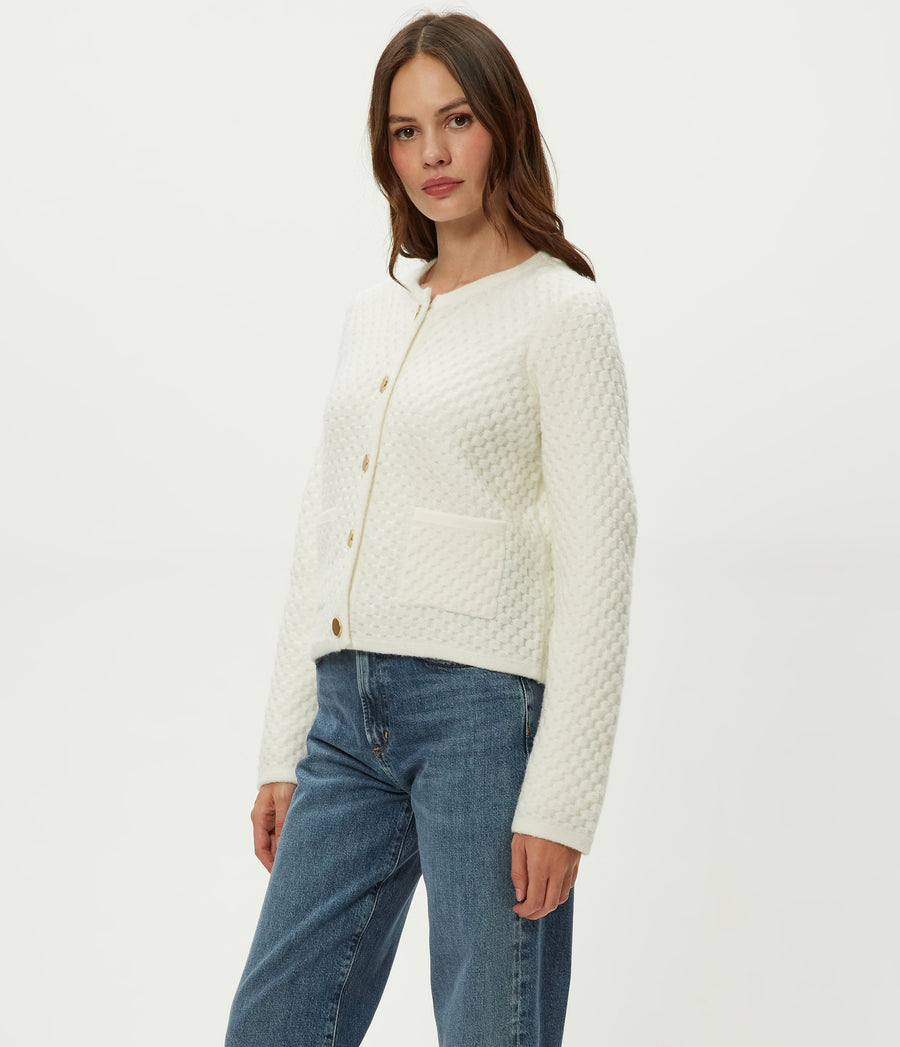 Cera Honeycomb Stitch Cardigan in Ivory White Side View #IVORY