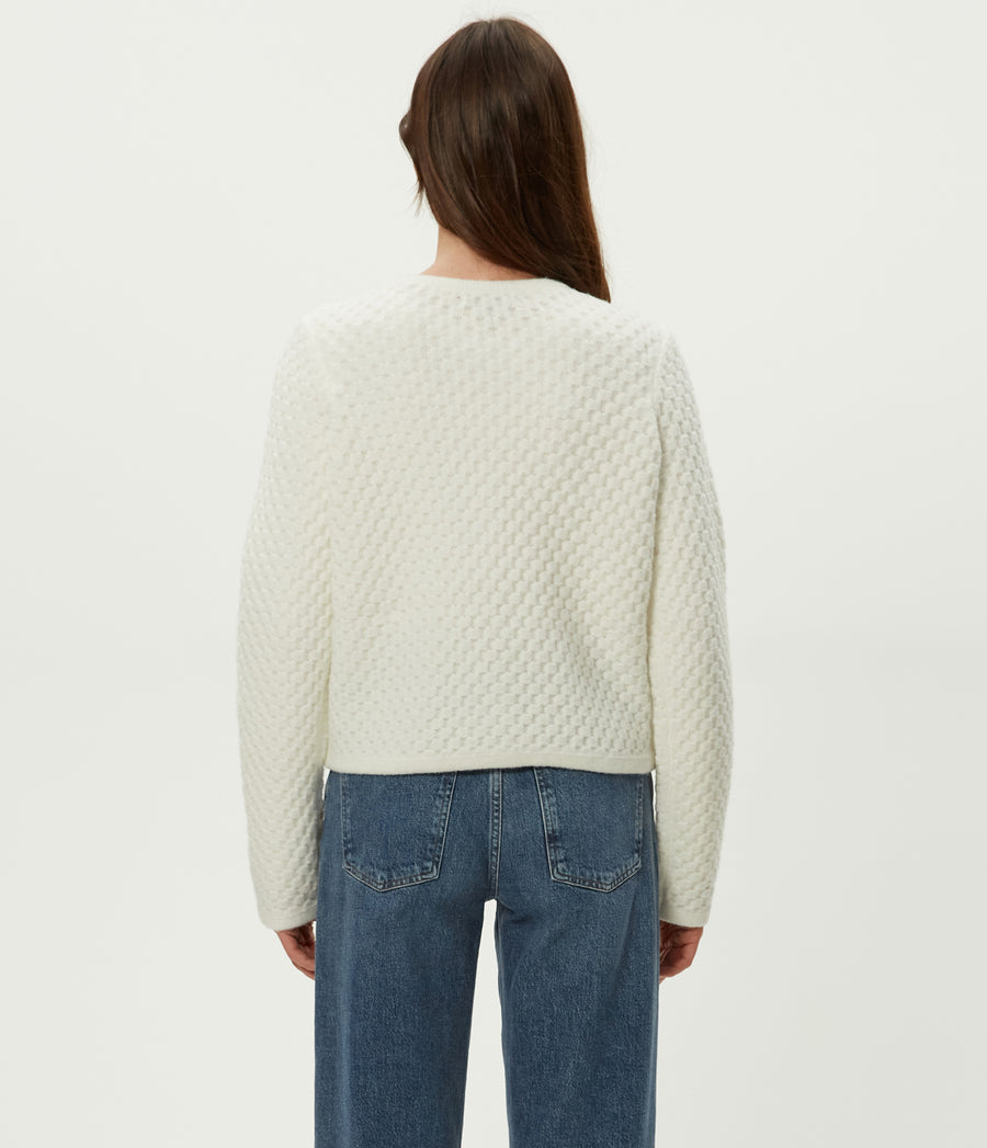 Cera Honeycomb Stitch Cardigan in Ivory White Back View #IVORY