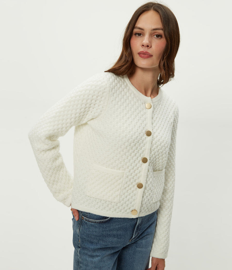 Cera Honeycomb Stitch Cardigan in Ivory White Close up View #IVORY