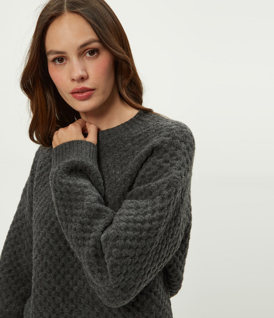 Sophia Honeycomb Stitch Sweater in Charcoal Grey Close up View #CHARCOAL