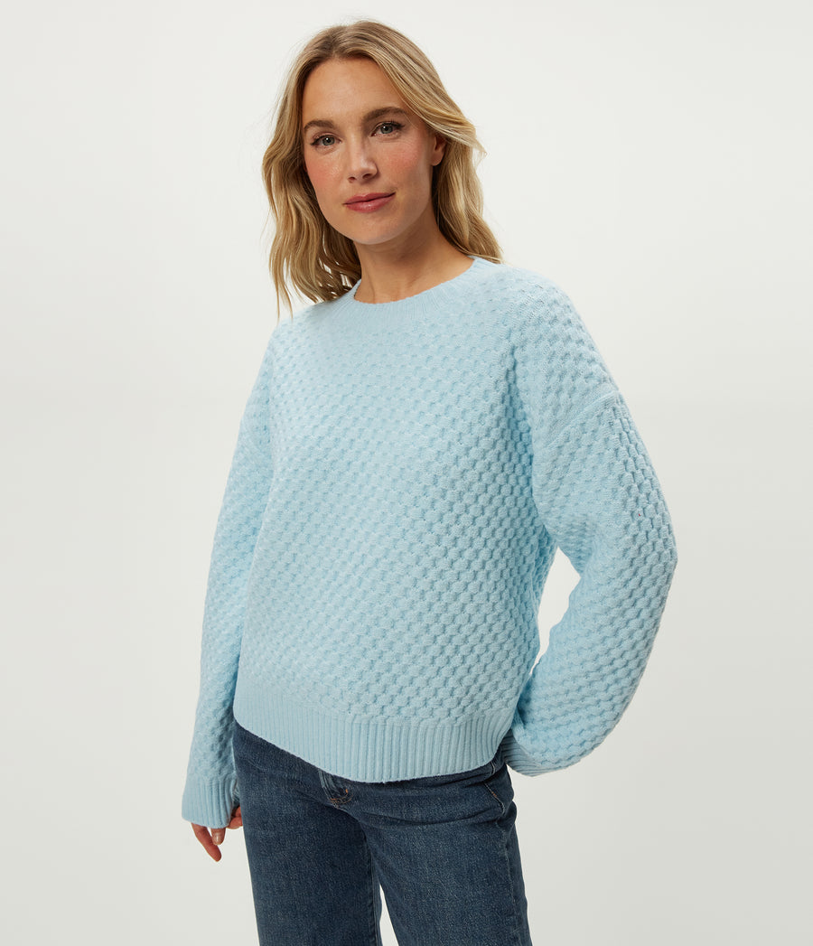Sophia Honeycomb Stitch Sweater in Ice Blue Blue Close up View #ICE BLUE