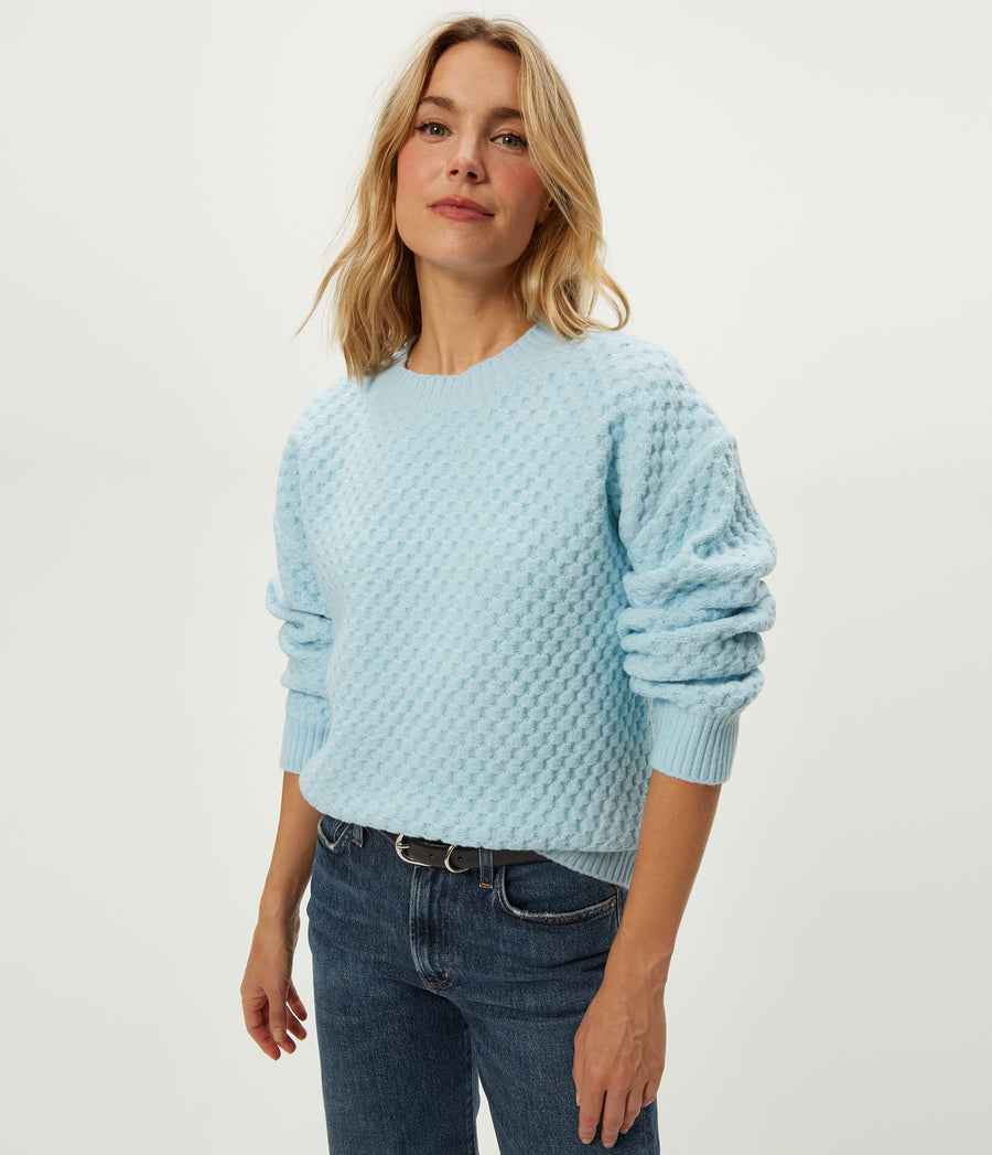 Sophia Honeycomb Stitch Sweater in Ice Blue Blue Full Body View #ICE BLUE
