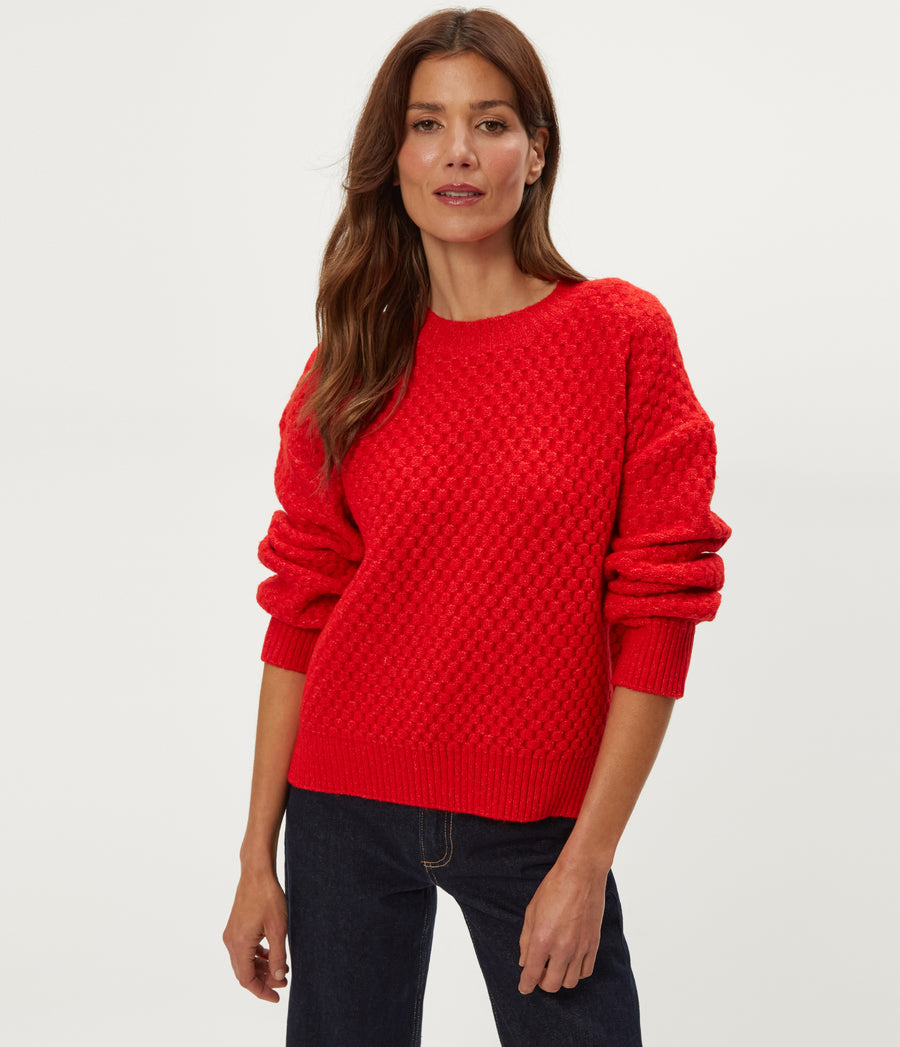Sophia Honeycomb Stitch Sweater in POPPY RED Close up View #POPPY