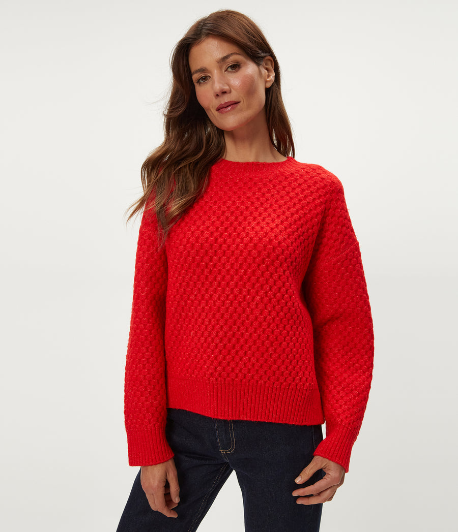 Sophia Honeycomb Stitch Sweater in POPPY RED Full Body View #POPPY