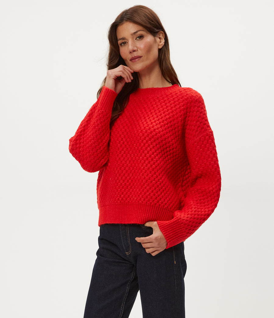 Sophia Honeycomb Stitch Sweater in POPPY RED Side View #POPPY