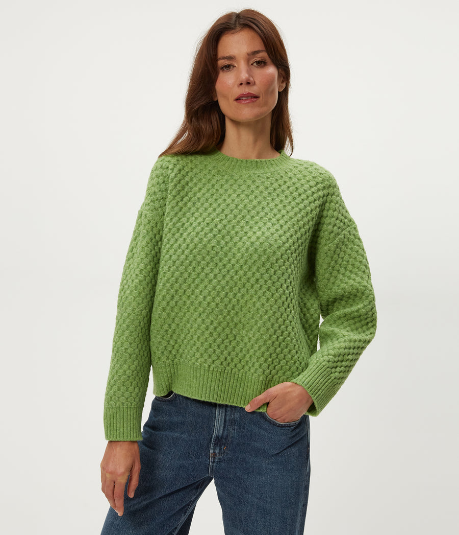 Sophia Honeycomb Stitch Sweater in SPEARMINT Green Close up View #SPEARMINT