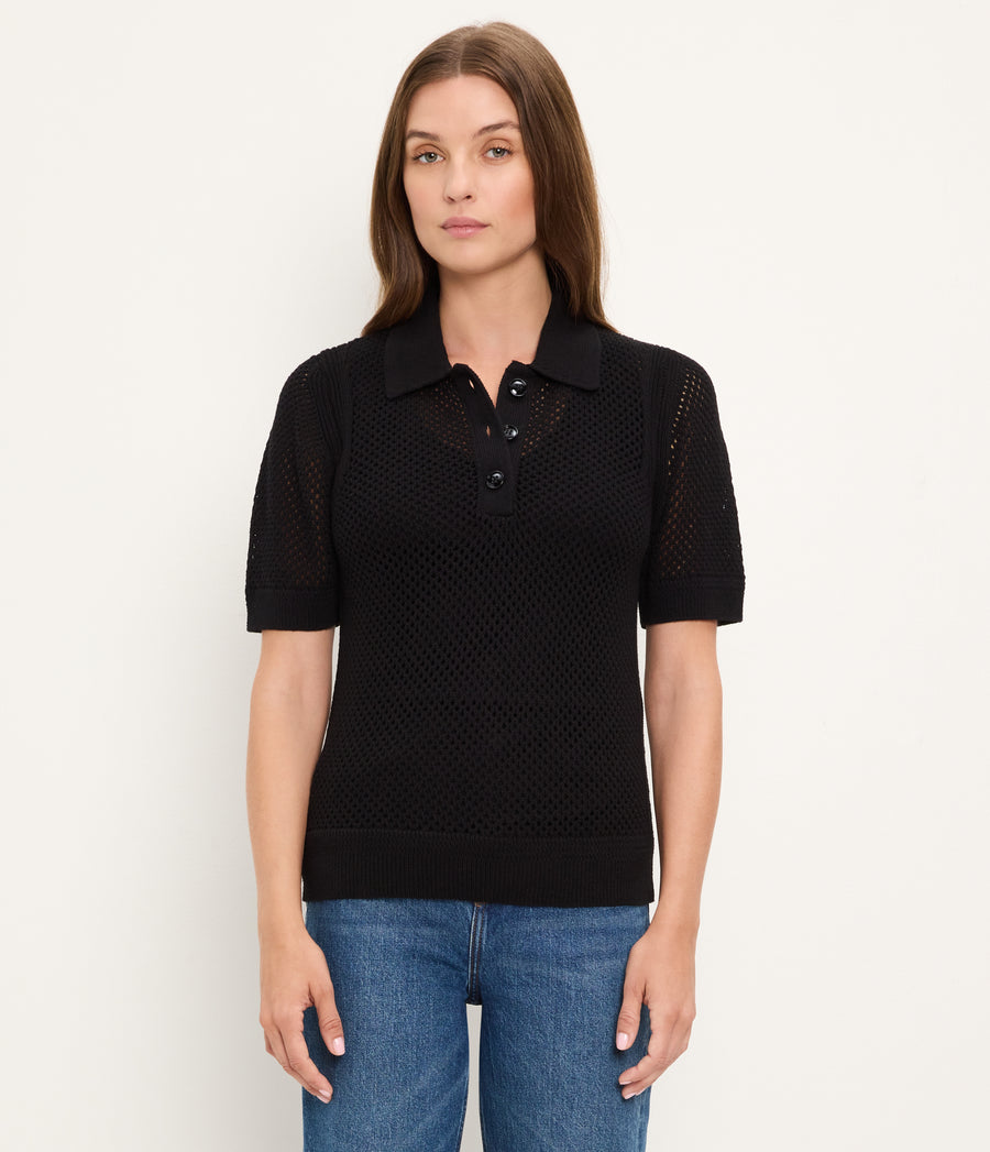 Perri Mesh Stitch Polo in Black Full Body View #BLACK