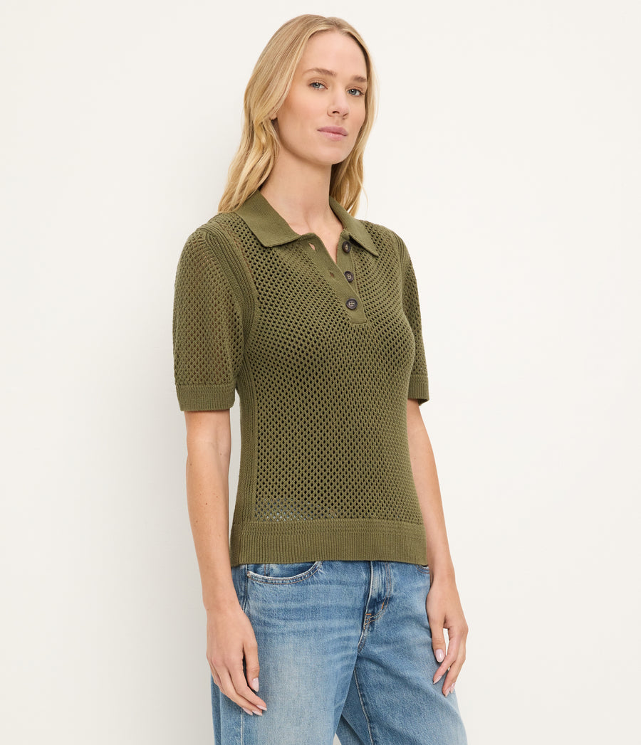 Perri Mesh Stitch Polo in TOPIARY GREEN Side View #TOPIARY