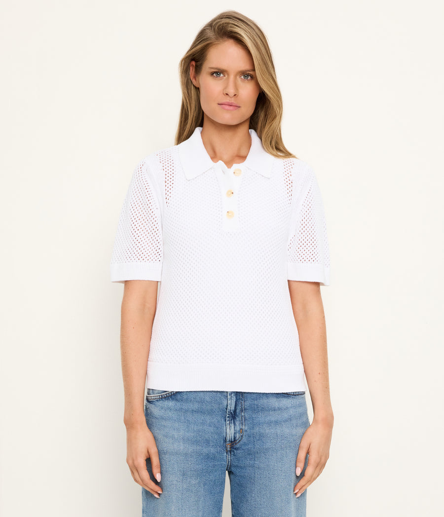Perri Mesh Stitch Polo in White Full Body View #WHITE