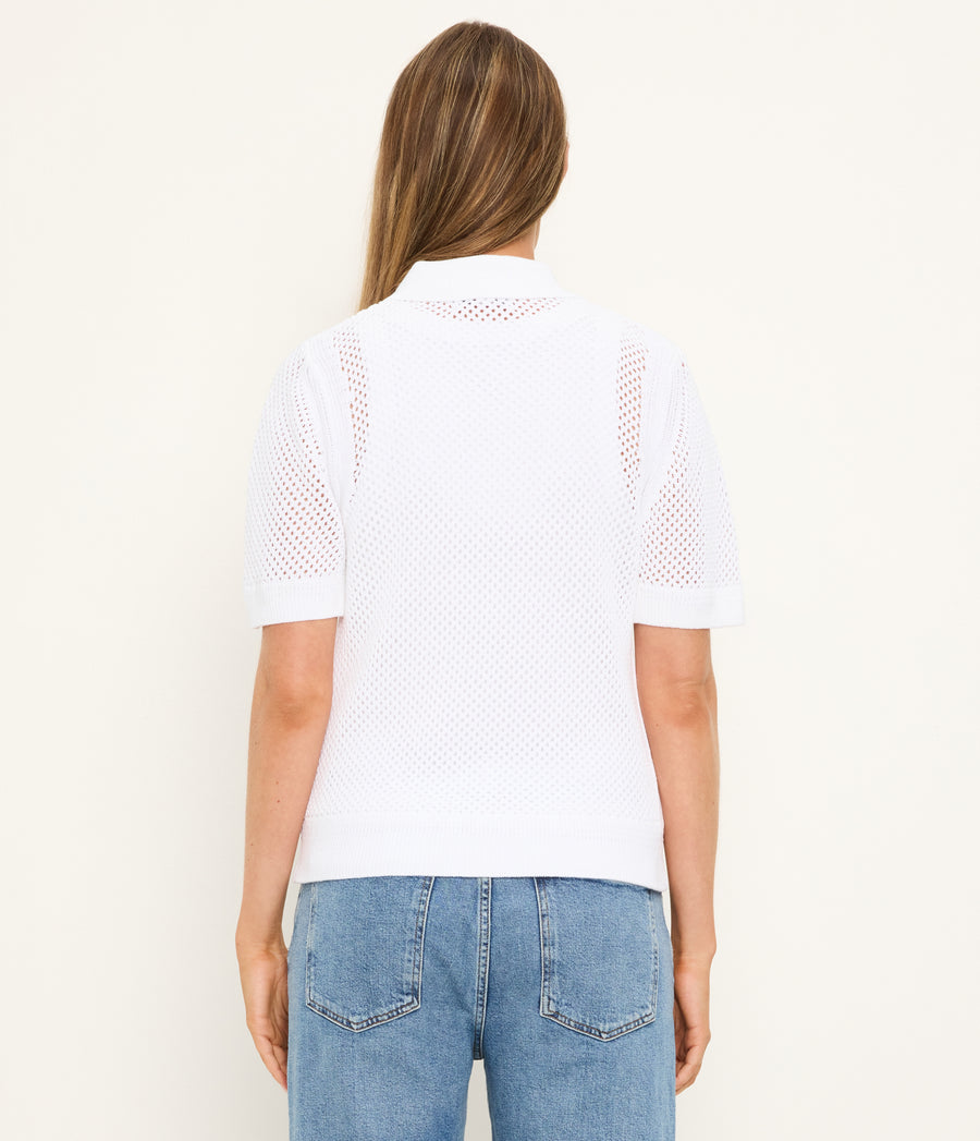 Perri Mesh Stitch Polo in White Back View  #WHITE