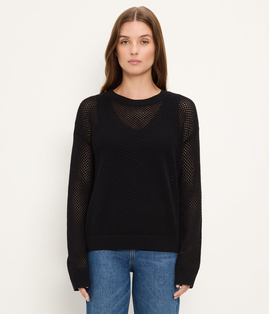 Sara Mesh Stitch Pullover in Black Full Body View #BLACK
