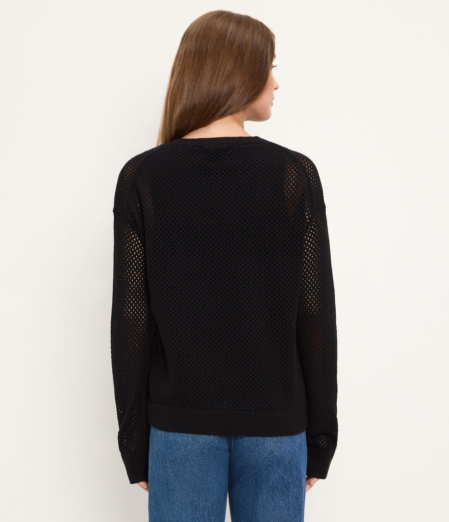 Sara Mesh Stitch Pullover in Black Back View  #BLACK