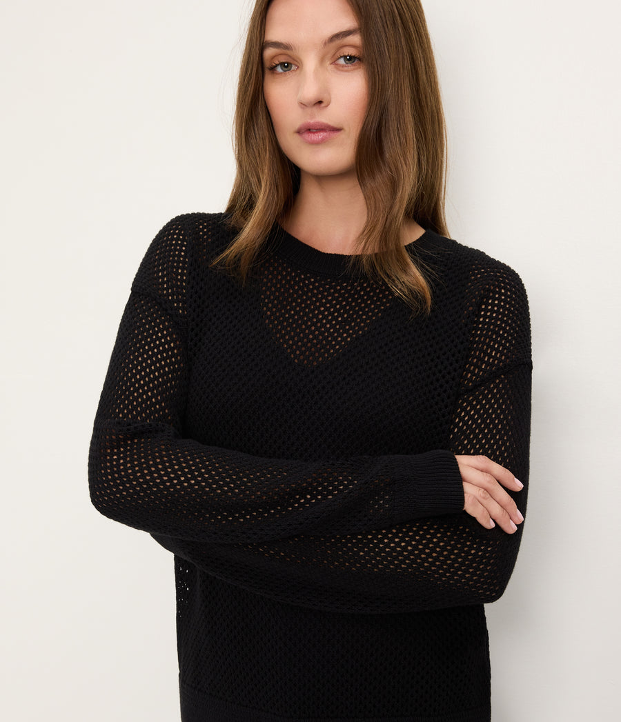 Sara Mesh Stitch Pullover in Black Close up View #BLACK