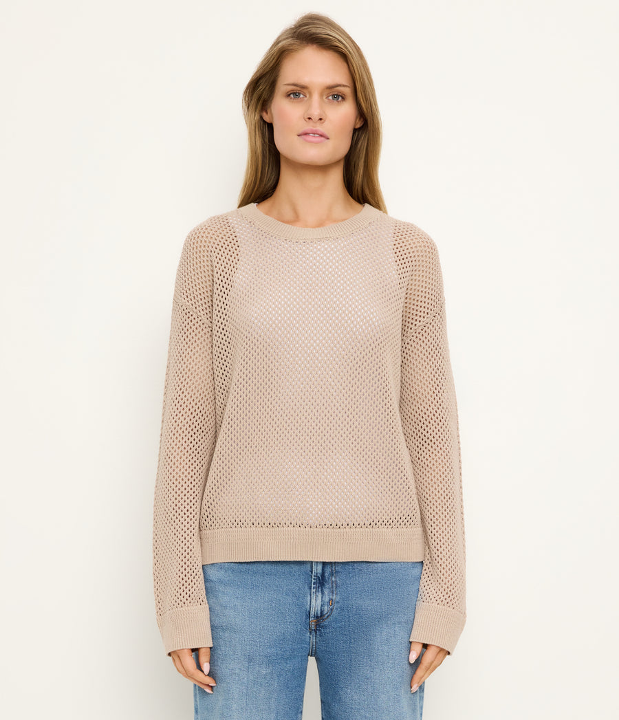 Sara Mesh Stitch Pullover in  MACADAMIA Beige Full Body View #MACADAMIA