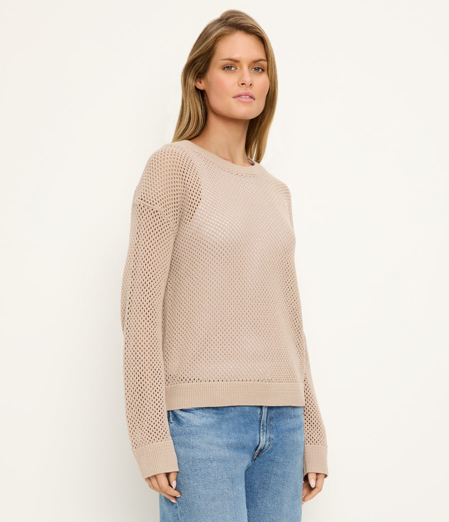 Sara Mesh Stitch Pullover in  MACADAMIA Beige Side View #MACADAMIA