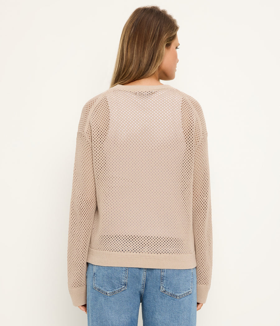 Sara Mesh Stitch Pullover in  MACADAMIA Beige Back View #MACADAMIA