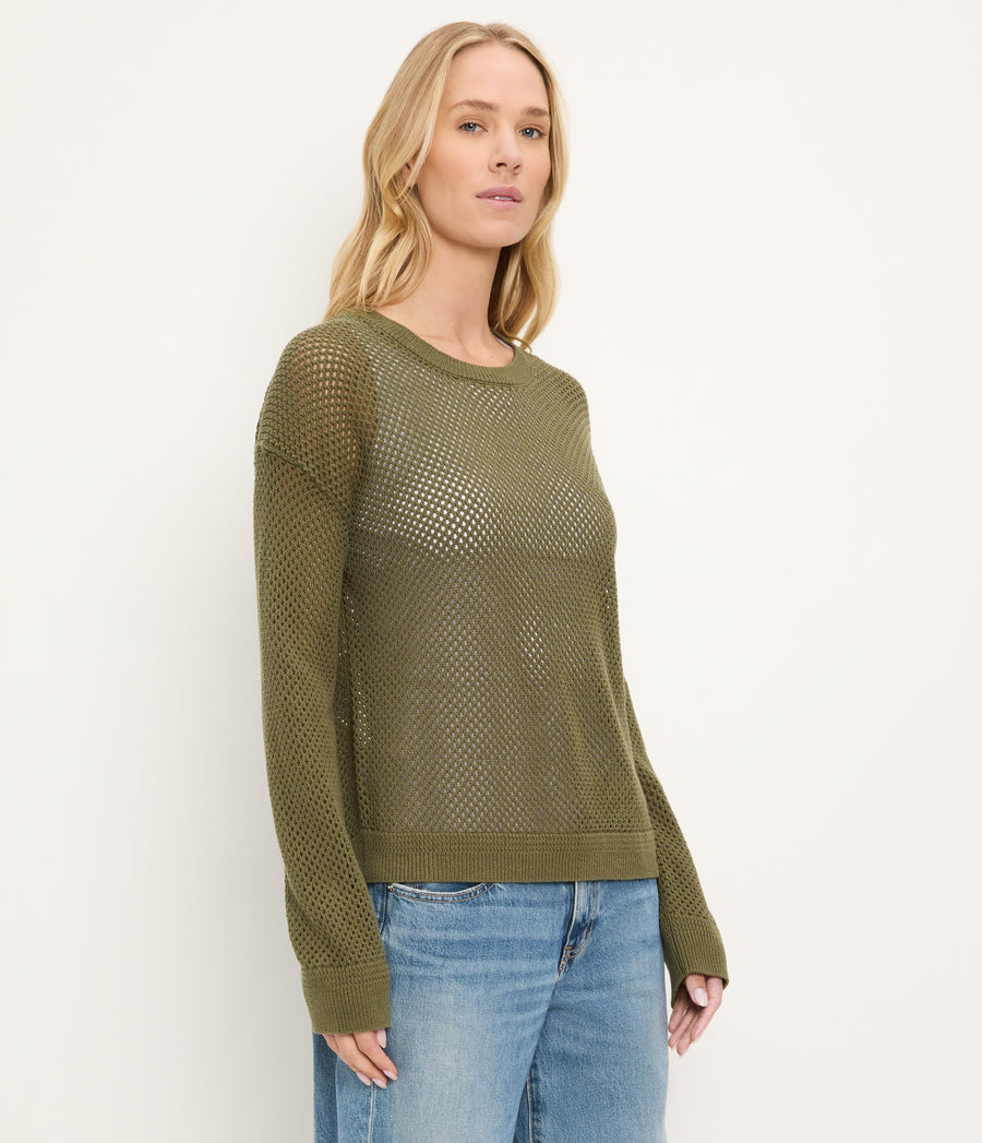 Sara Mesh Stitch Pullover in TOPIARY GREEN Side View #TOPIARY