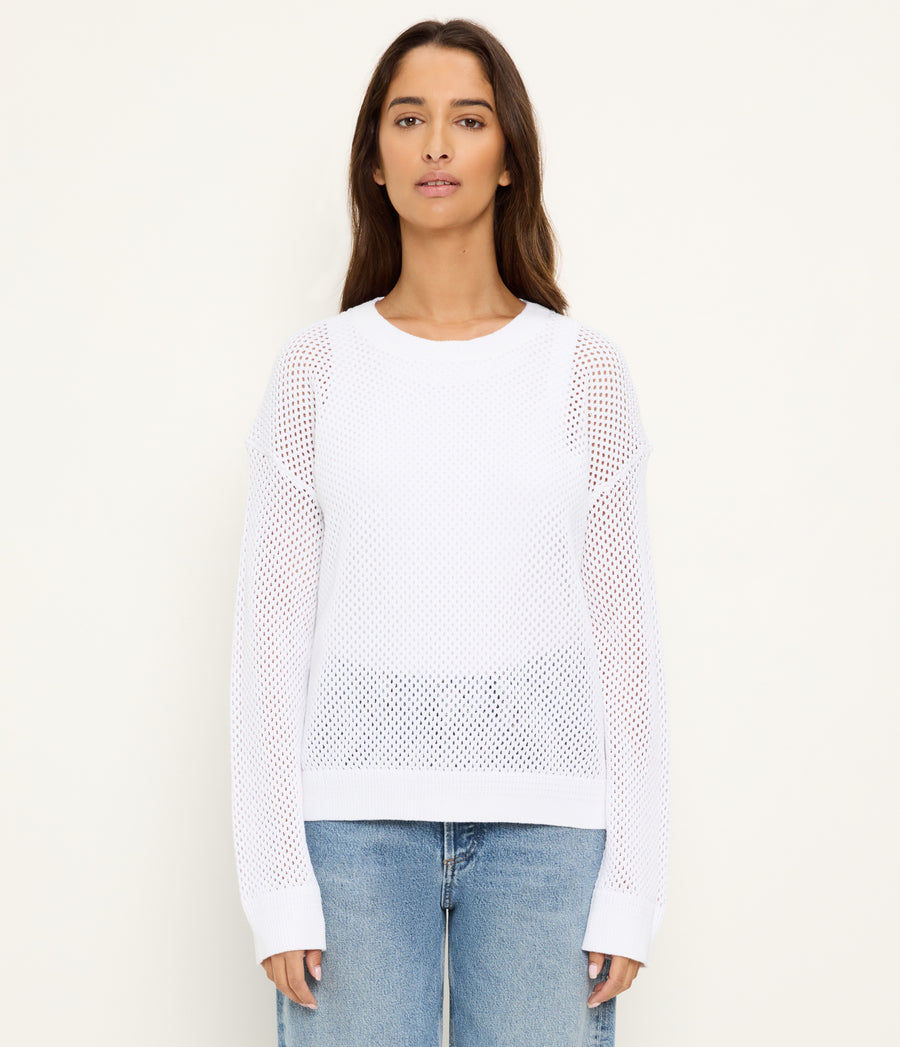 Sara Mesh Stitch Pullover in White Full Body View #WHITE