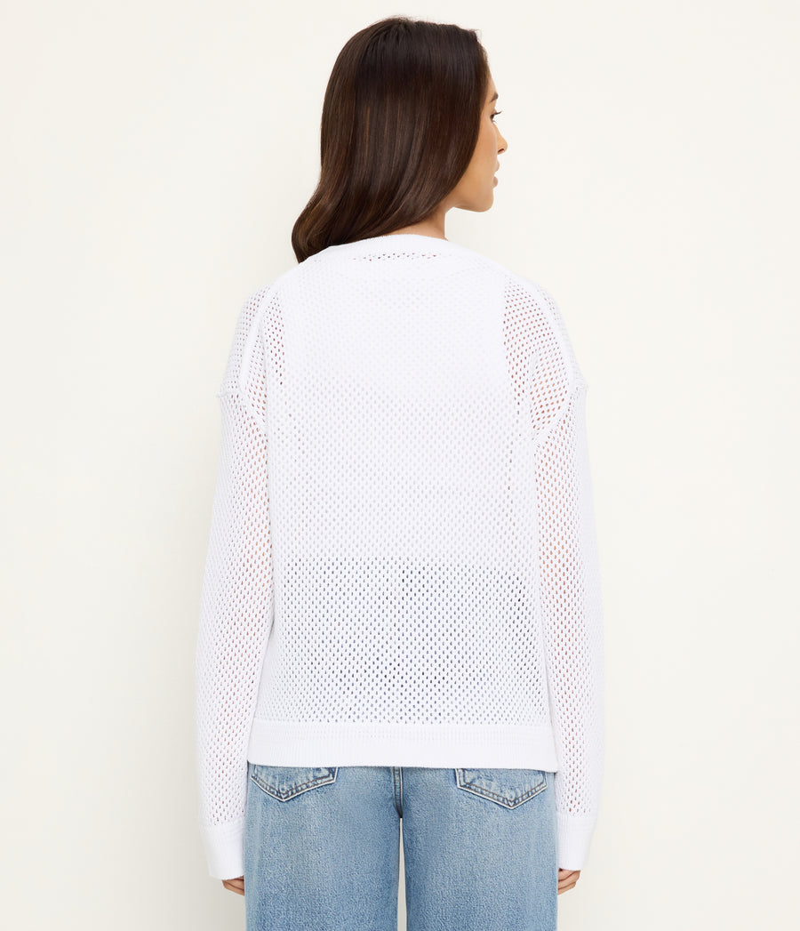Sara Mesh Stitch Pullover in White Back View  #WHITE