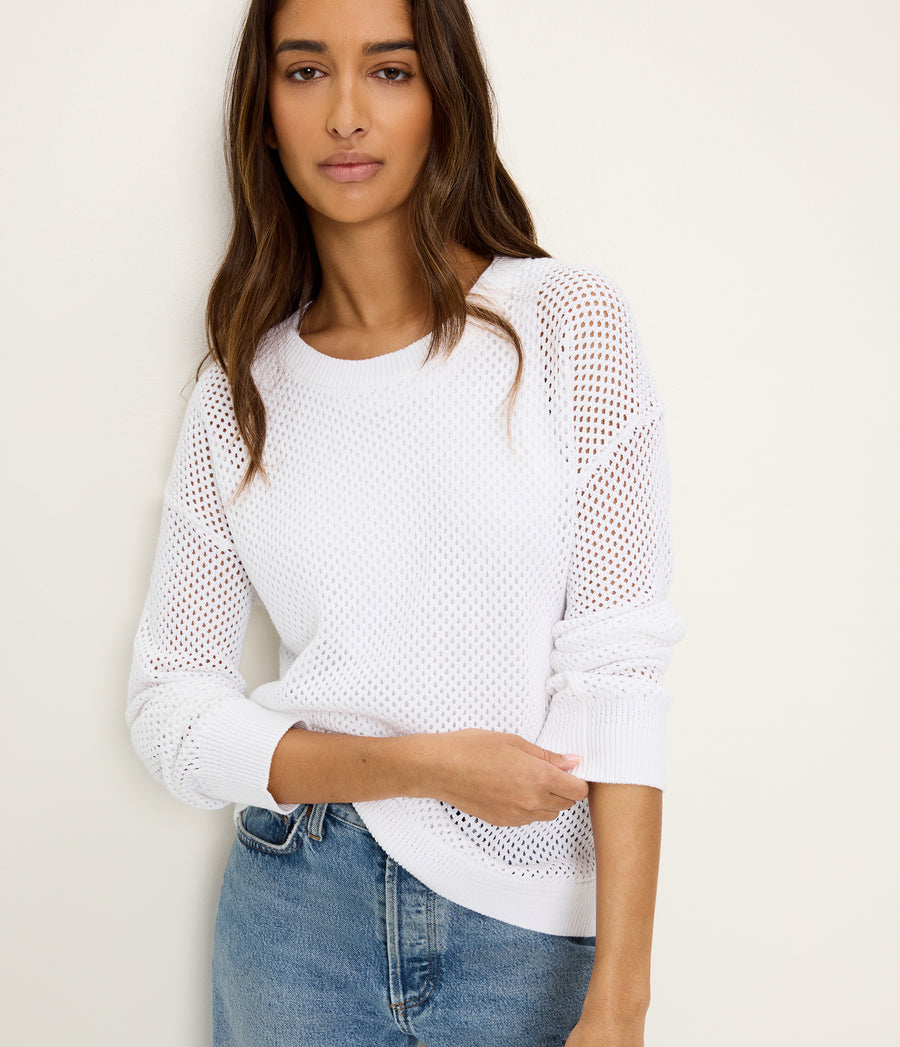 Sara Mesh Stitch Pullover in White Close up View #WHITE