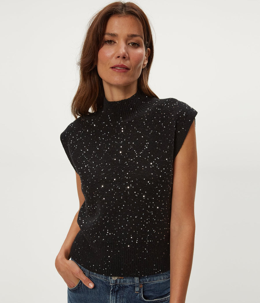 Raina Mock Neck Sweater in Black Close up View #BLACK