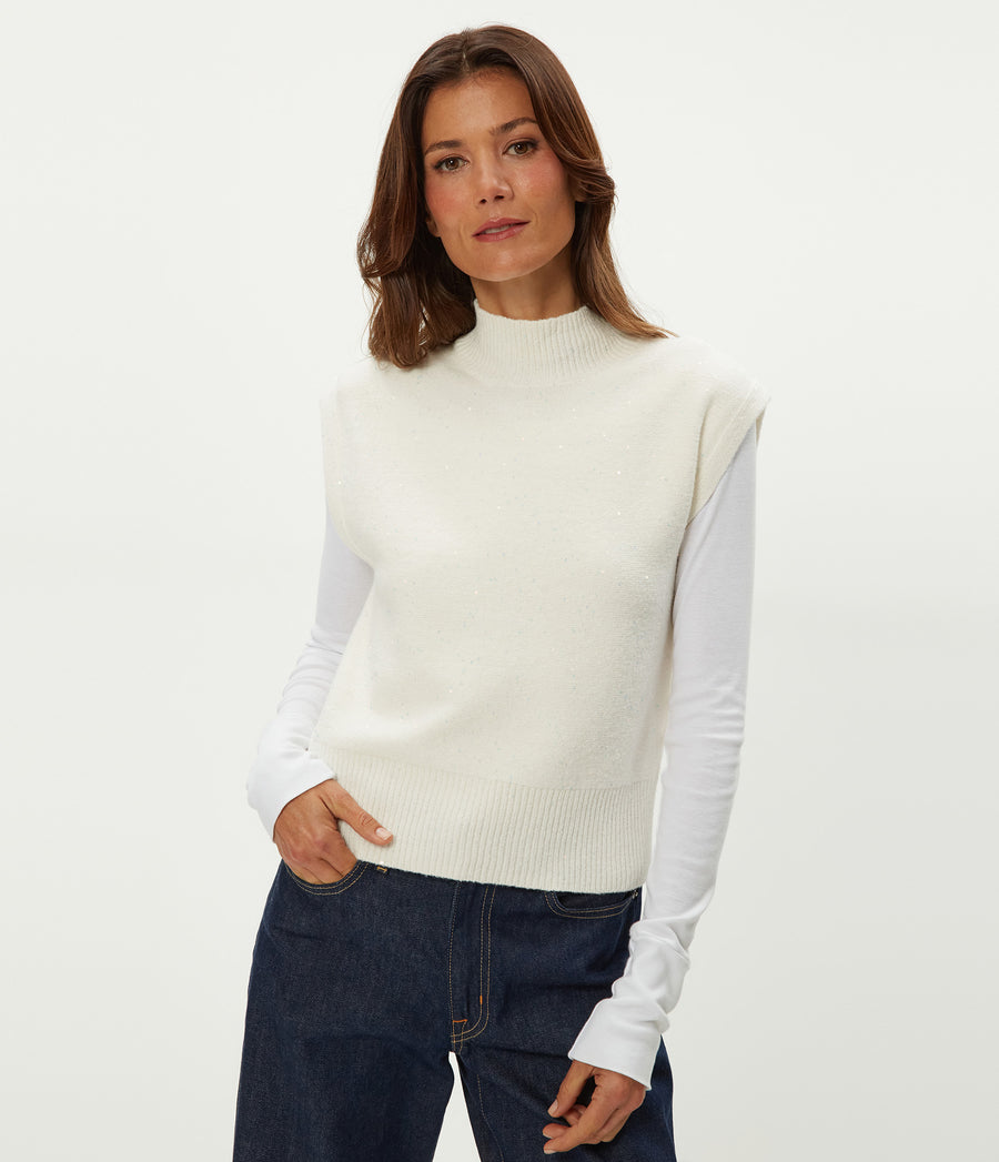 Raina Mock Neck Sweater in Ivory White Close up View #IVORY