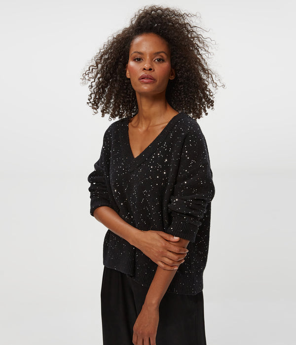 Francis V-Neck Sweater in Black Close up View #BLACK