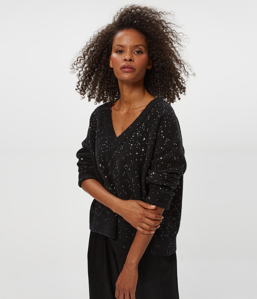 Francis V-Neck Sweater in Black Close up View #BLACK