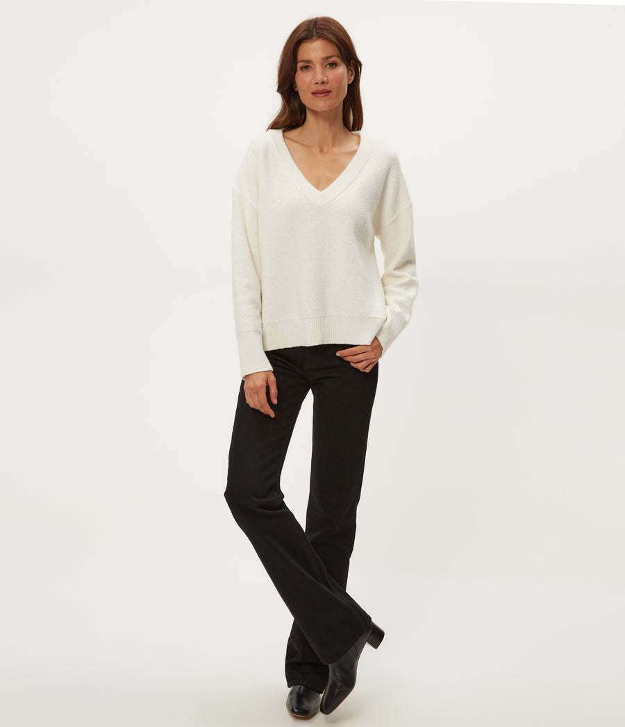 Francis V-Neck Sweater in Ivory White Full Body View #IVORY