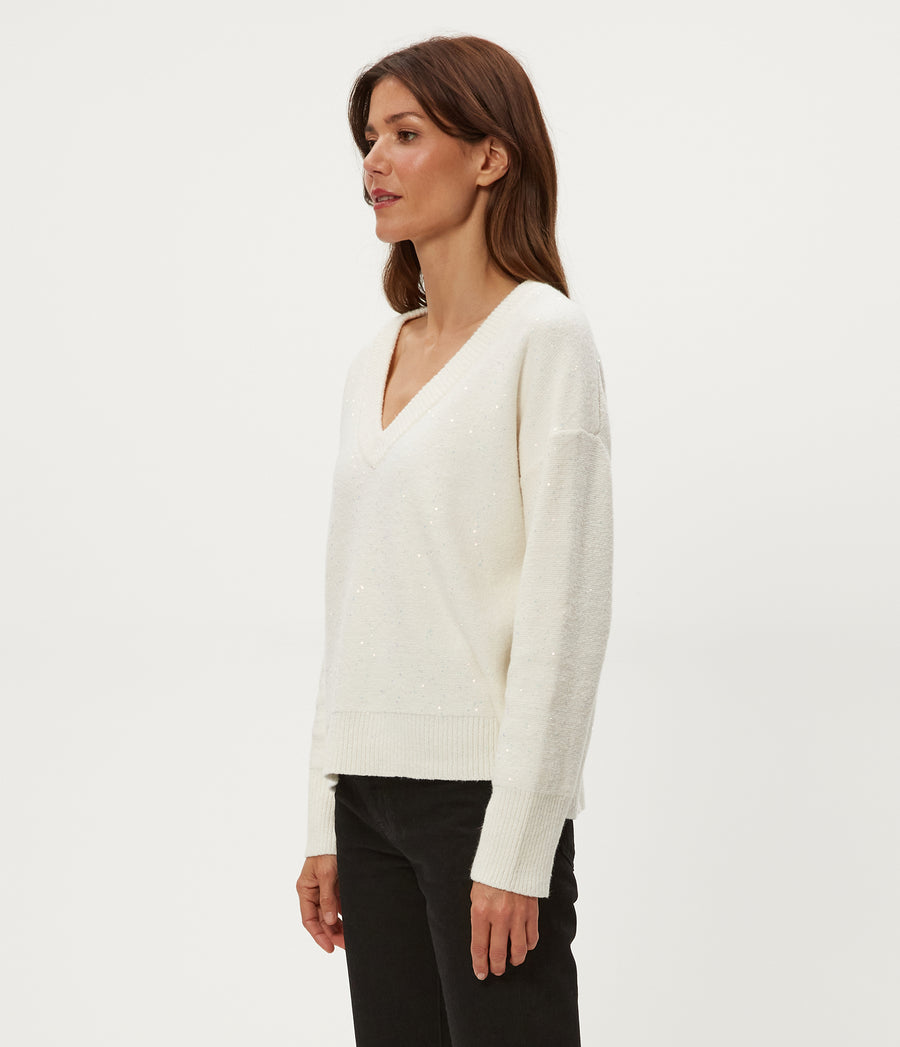 Francis V-Neck Sweater in Ivory White Side View #IVORY