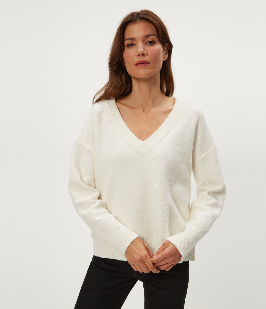 Francis V-Neck Sweater in Ivory White Close up View #IVORY