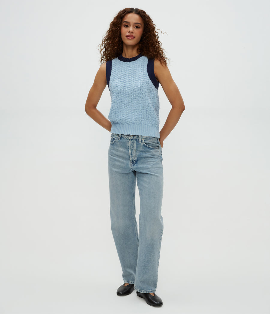 Sia Sleeveless Sweater in Fountain Blue Full Body View #FOUNTAIN