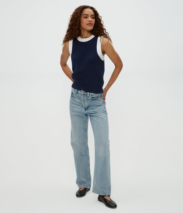 Sia Sleeveless Sweater in Nocturnal Blue Close Up View #NOCTURNAL