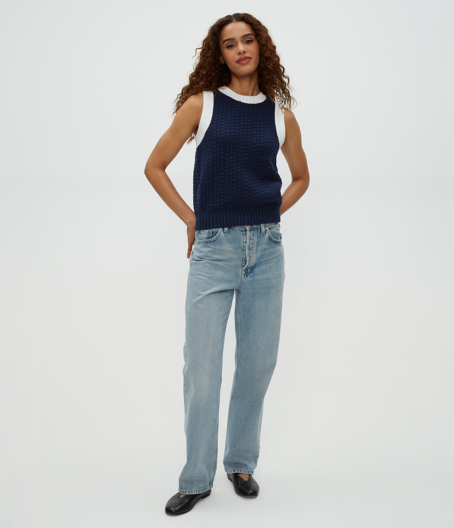 Sia Sleeveless Sweater in Nocturnal Blue Full Body View #NOCTURNAL