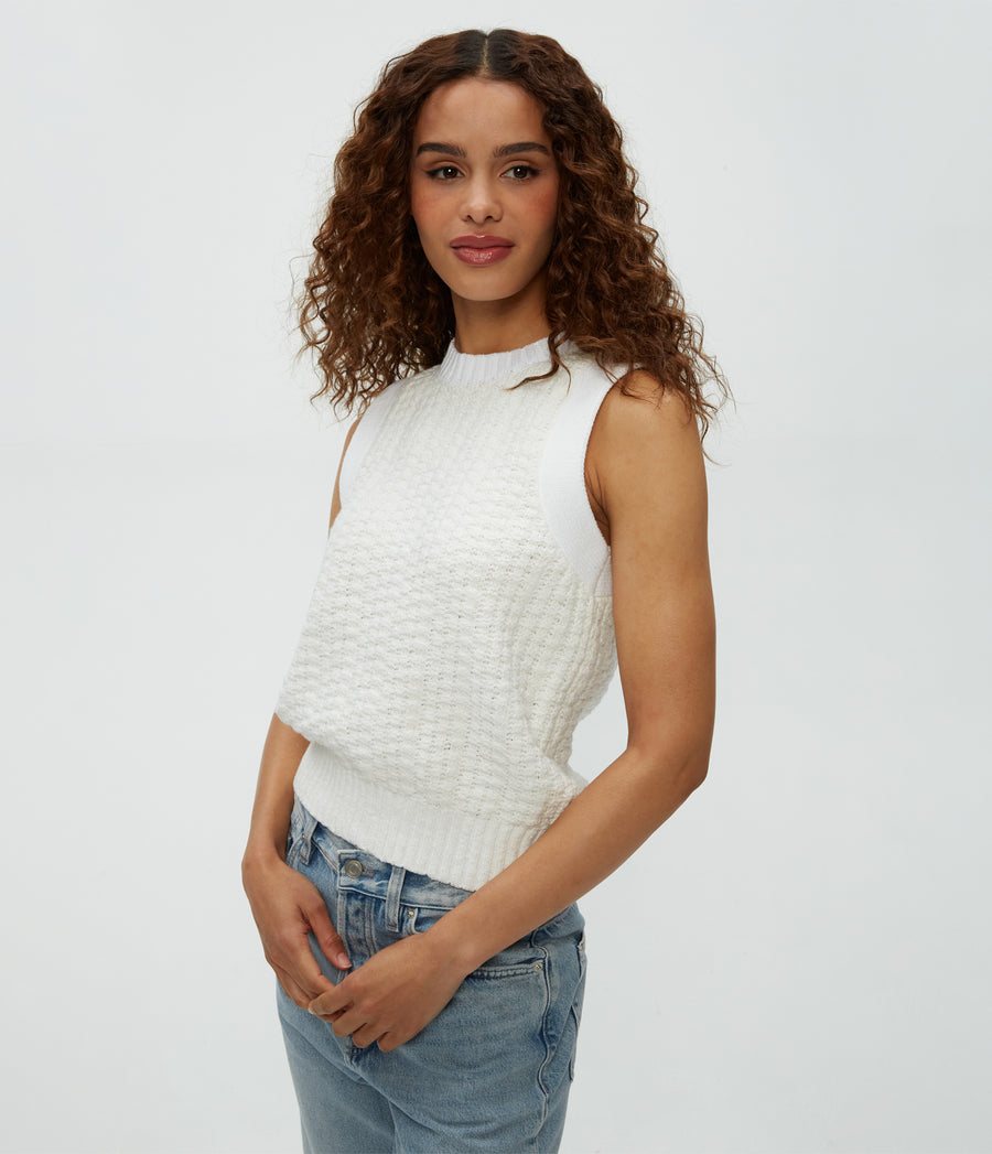 Sia Sleeveless Sweater in White  Close Up View #WHITE