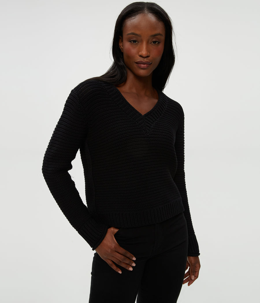 Linda V-Neck Pullover in Black Close up View #BLACK