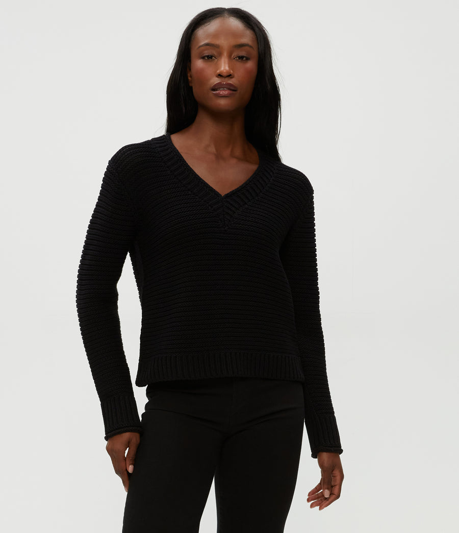 Linda V-Neck Pullover in Black Full Body View #BLACK