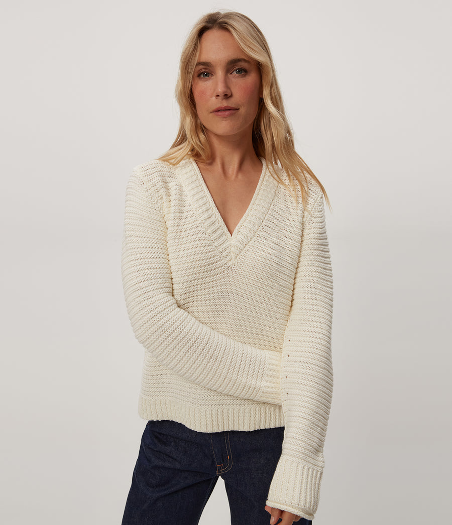 Linda V-Neck Pullover in Ivory White Close up View #IVORY