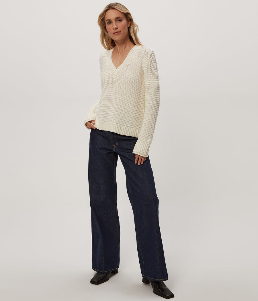 Linda V-Neck Pullover in Ivory White Full Body View #IVORY