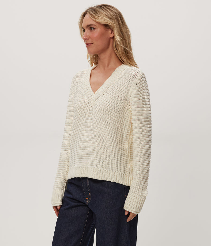 Linda V-Neck Pullover in Ivory White Side View #IVORY