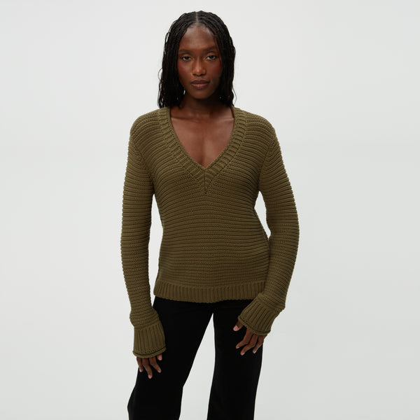 Linda V-Neck Pullover in Olive Green Close up View #OLIVE