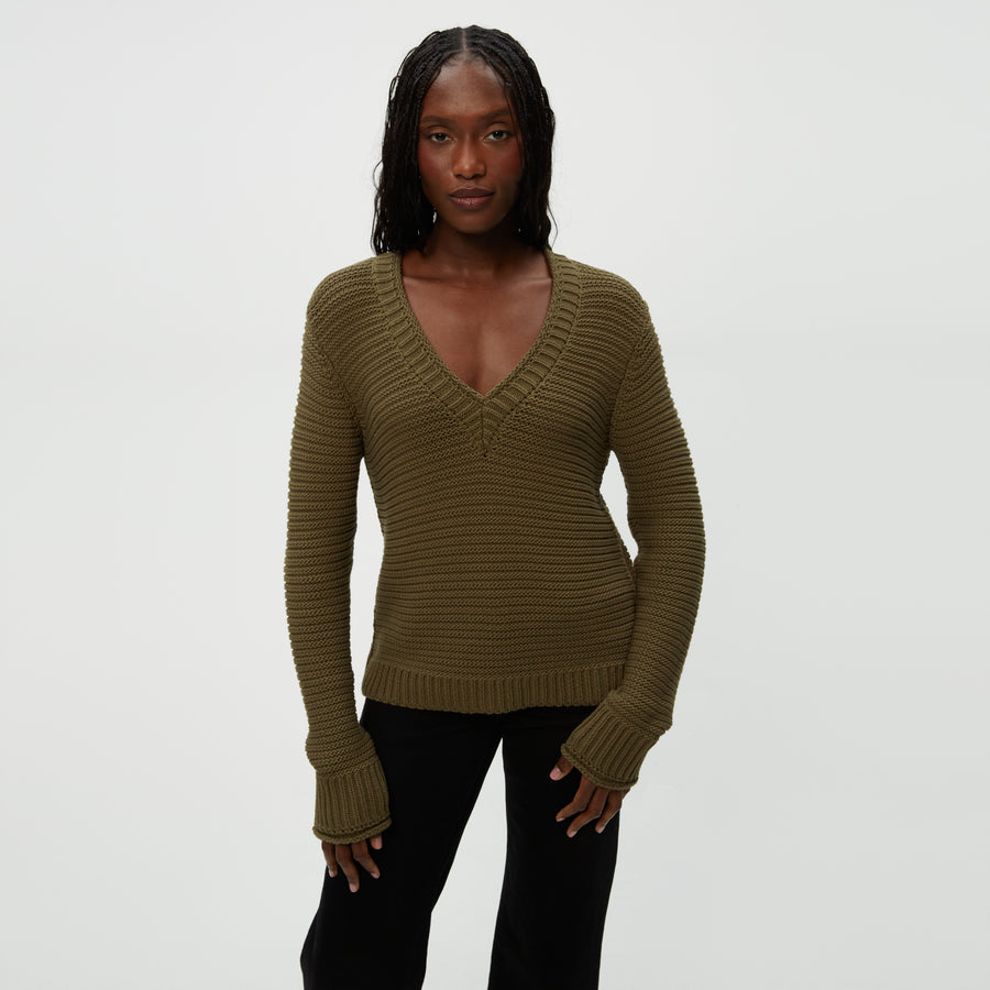 Linda V-Neck Pullover in Olive Green Close up View #OLIVE