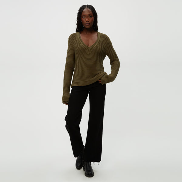 Linda V-Neck Pullover in Olive Green Full Body View #OLIVE