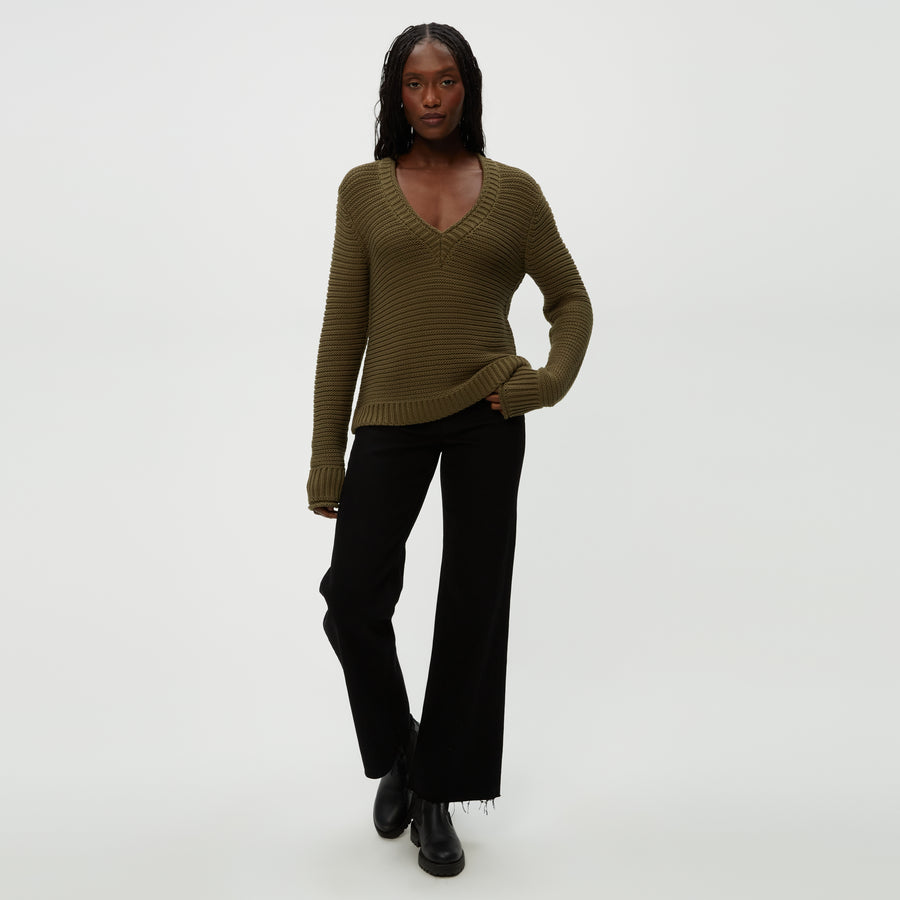 Linda V-Neck Pullover in Olive Green Full Body View #OLIVE