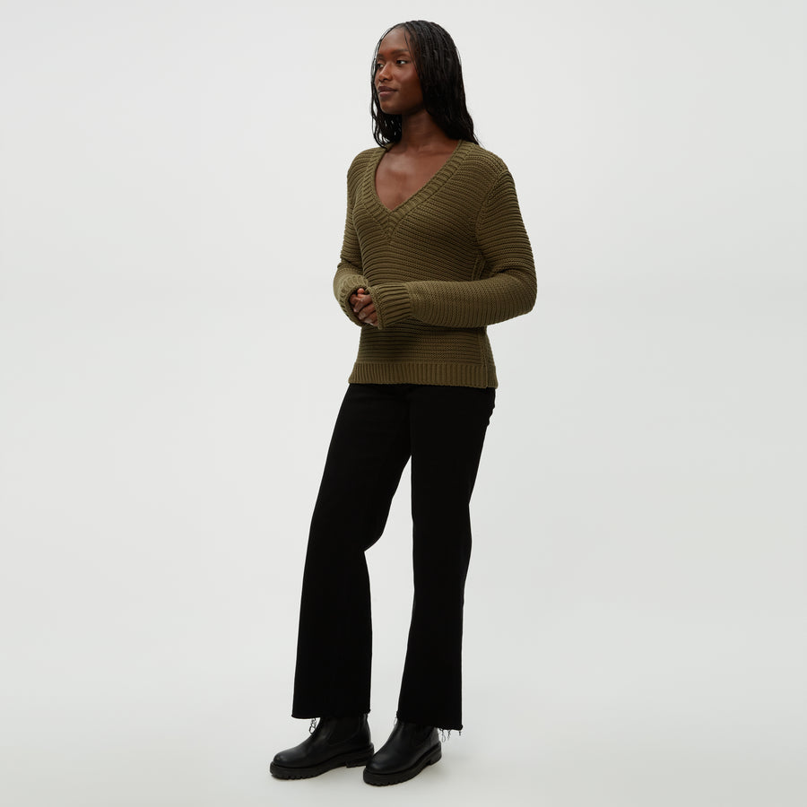 Linda V-Neck Pullover in Olive Green Side View #OLIVE