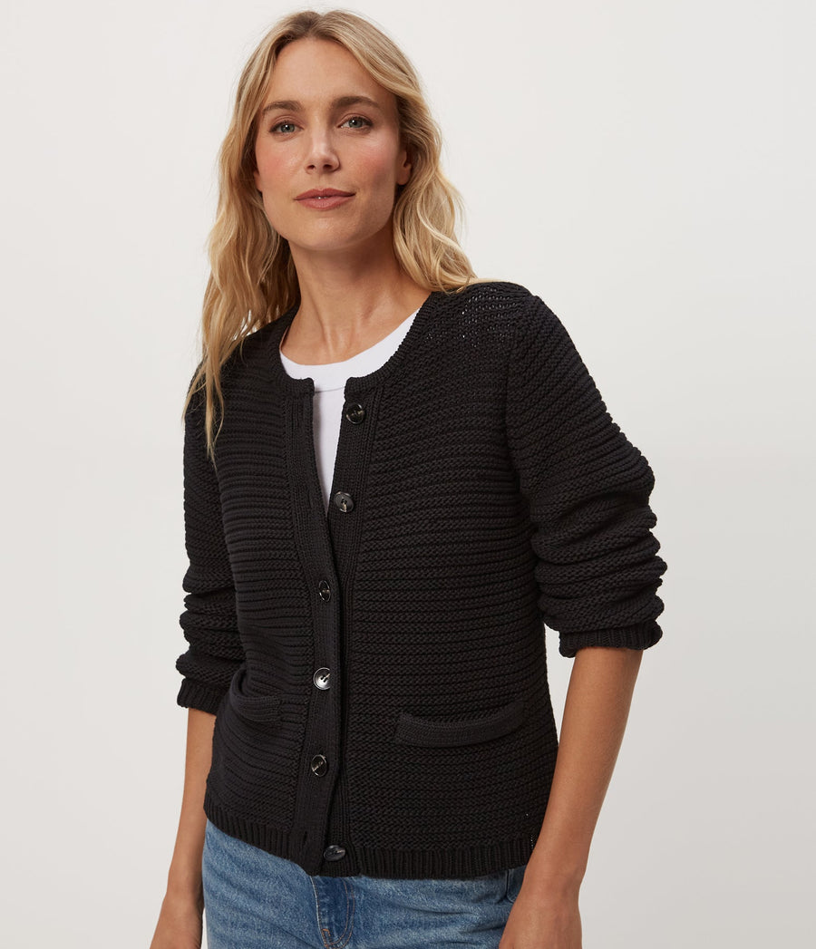 Kaden Crewneck Cardigan in Black Close up View #BLACK
